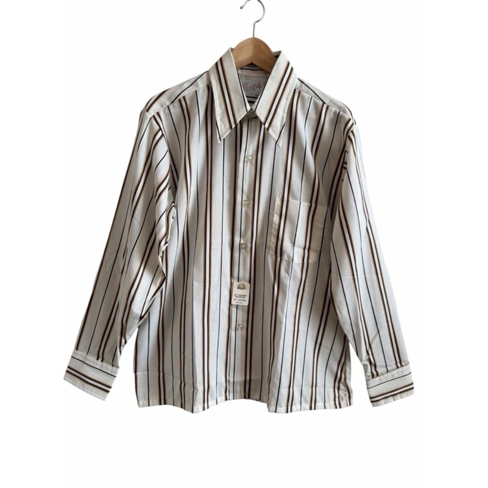 Voila Mens Cream Brown Striped Button Long Slv Dress Shirt Sz L 16-16.5 No Iron